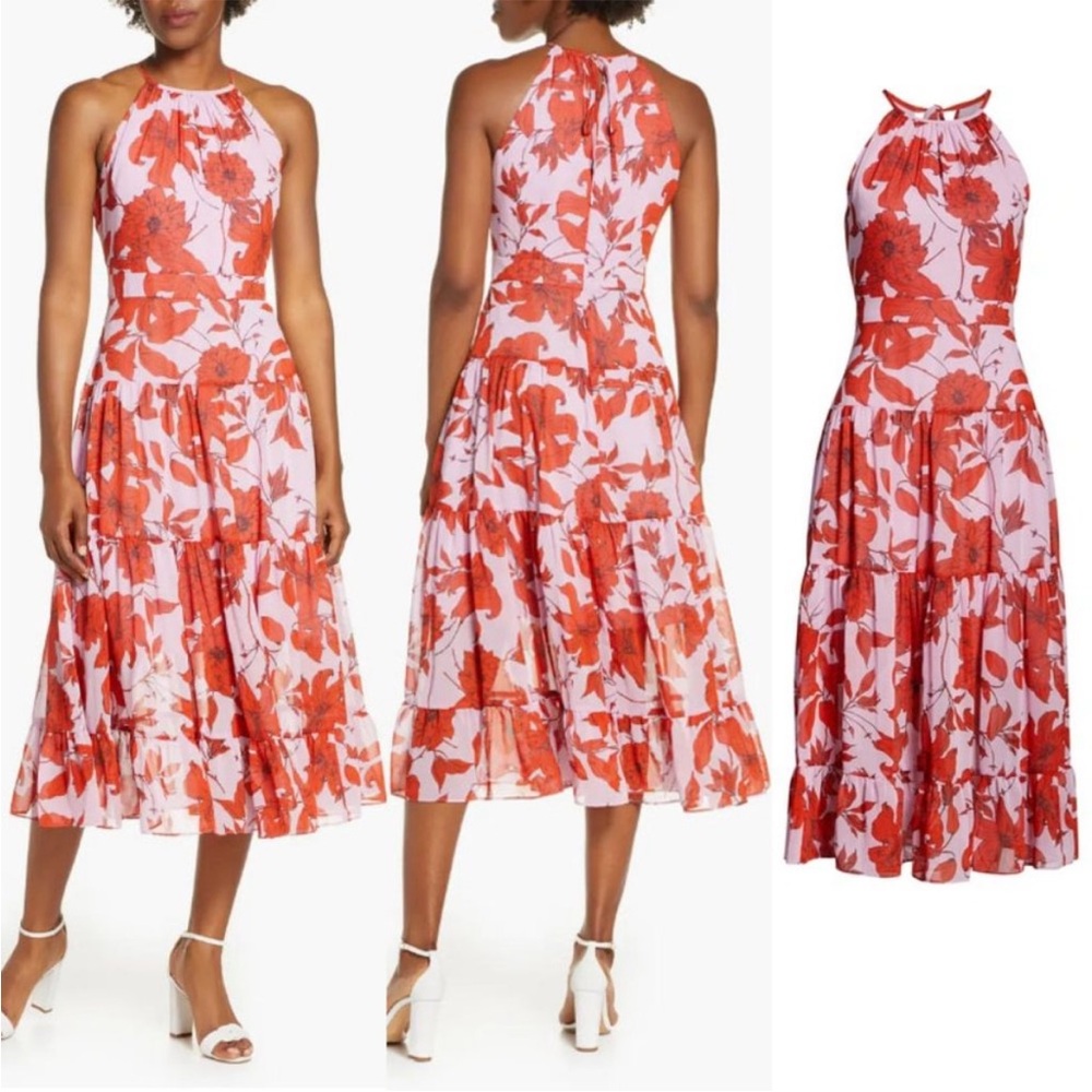 Eliza J:: Floral High Neck Tiered Chiffon Midi Dress